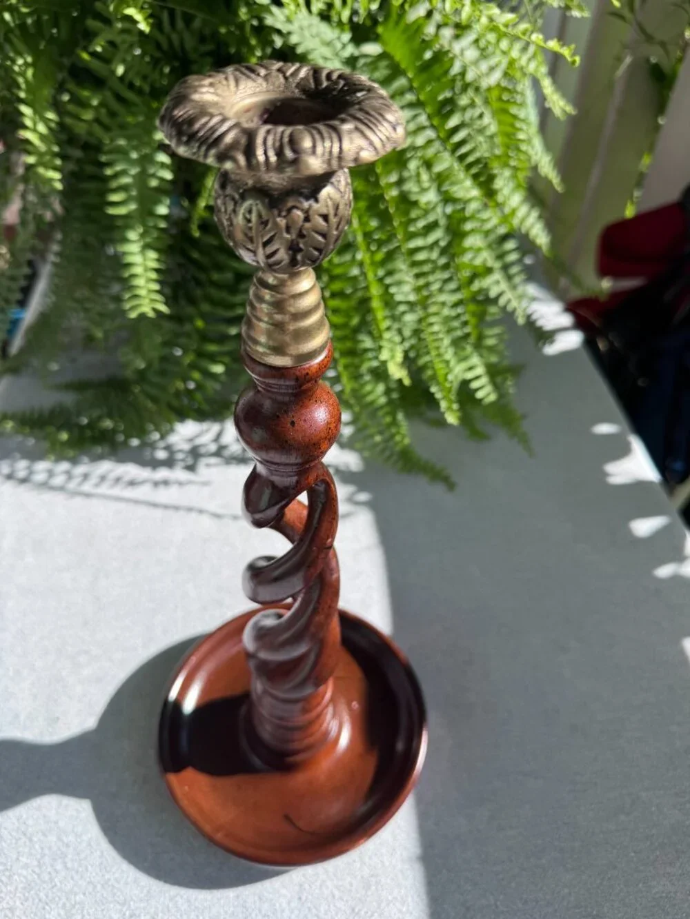 Vintage 15 Inch Wooden Open Barley Twist Candlestick Holder with Brass Sconce